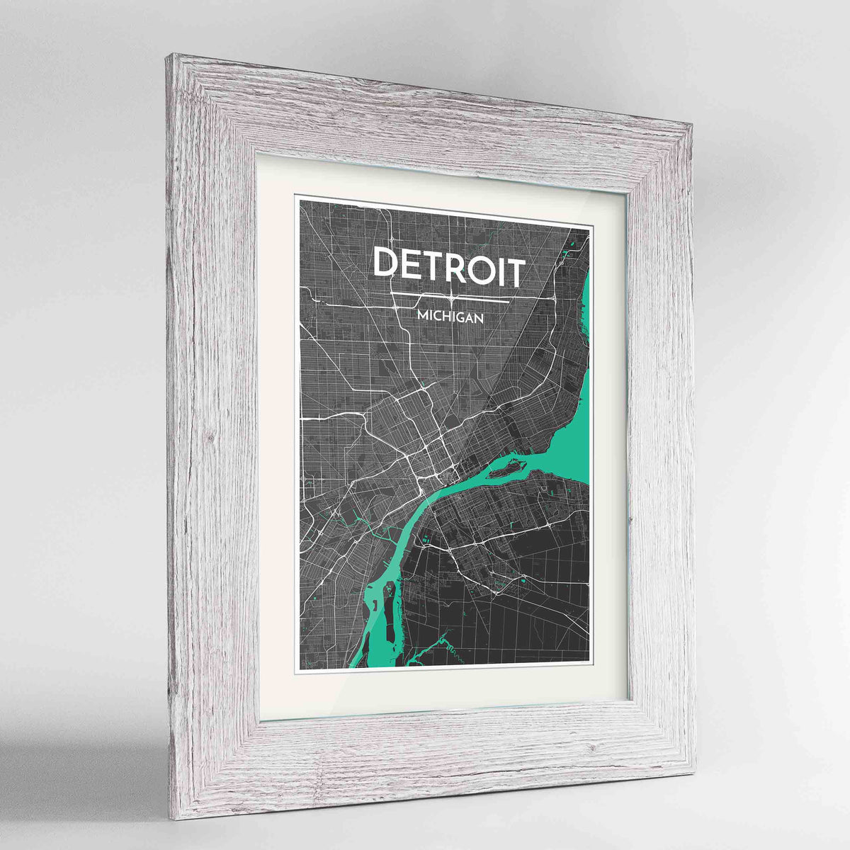 Framed Detroit Map Art Print 24x36&quot; Western White frame Point Two Design Group
