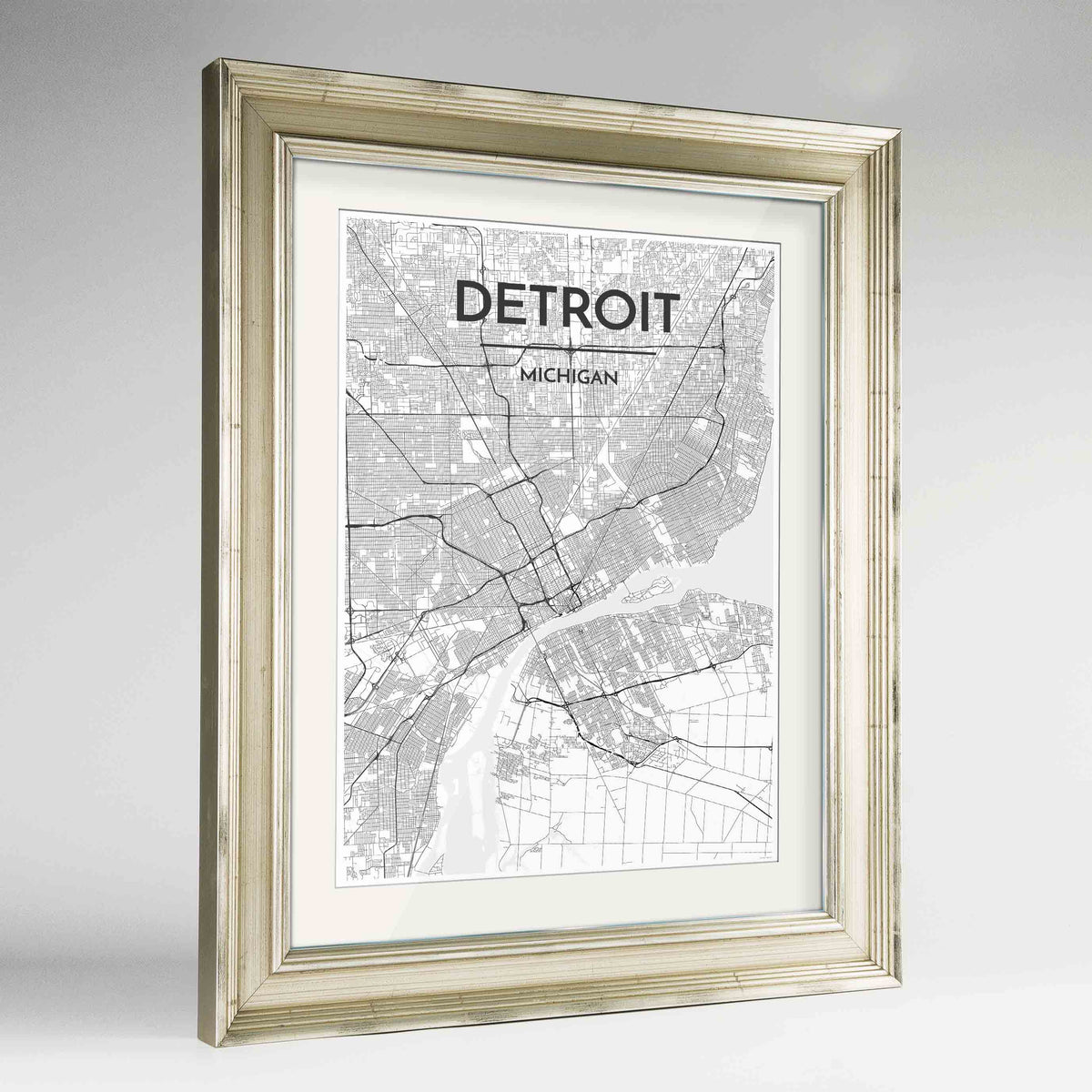 Framed Detroit Map Art Print 24x36&quot; Champagne frame Point Two Design Group