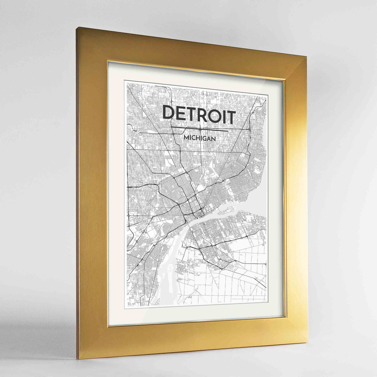 Framed Detroit Map Art Print 24x36&quot; Gold frame Point Two Design Group