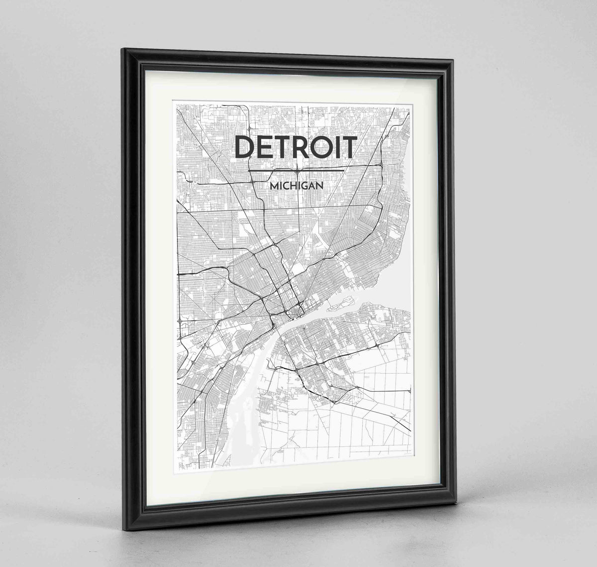 Framed Detroit Map Art Print 24x36&quot; Traditional Black frame Point Two Design Group