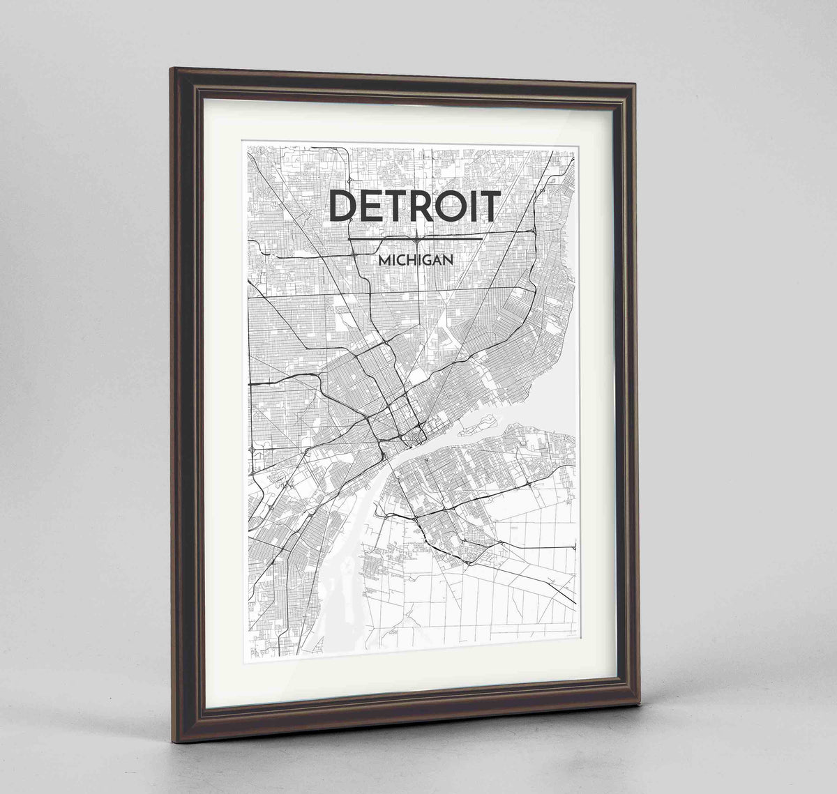 Framed Detroit Map Art Print 24x36&quot; Traditional Walnut frame Point Two Design Group