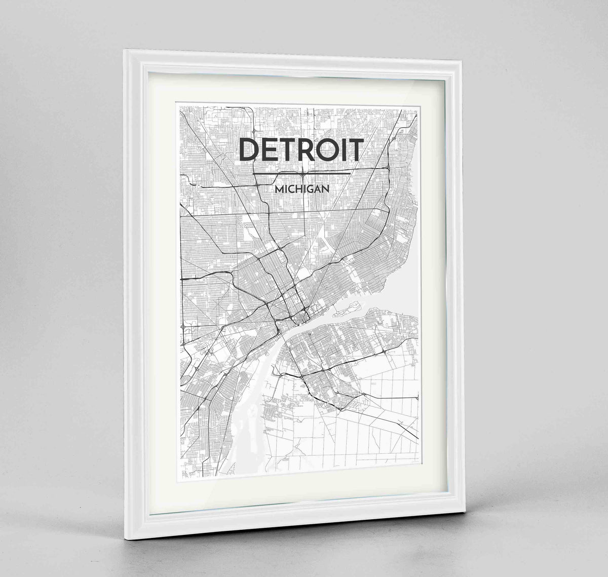 Framed Detroit Map Art Print 24x36&quot; Traditional White frame Point Two Design Group