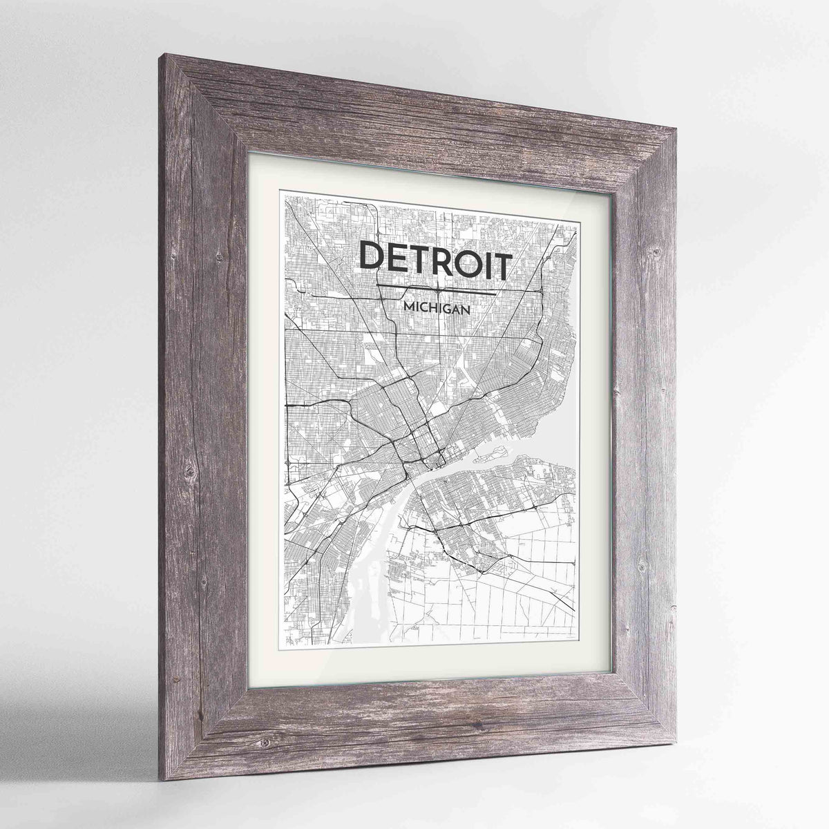 Framed Detroit Map Art Print 24x36&quot; Western Grey frame Point Two Design Group