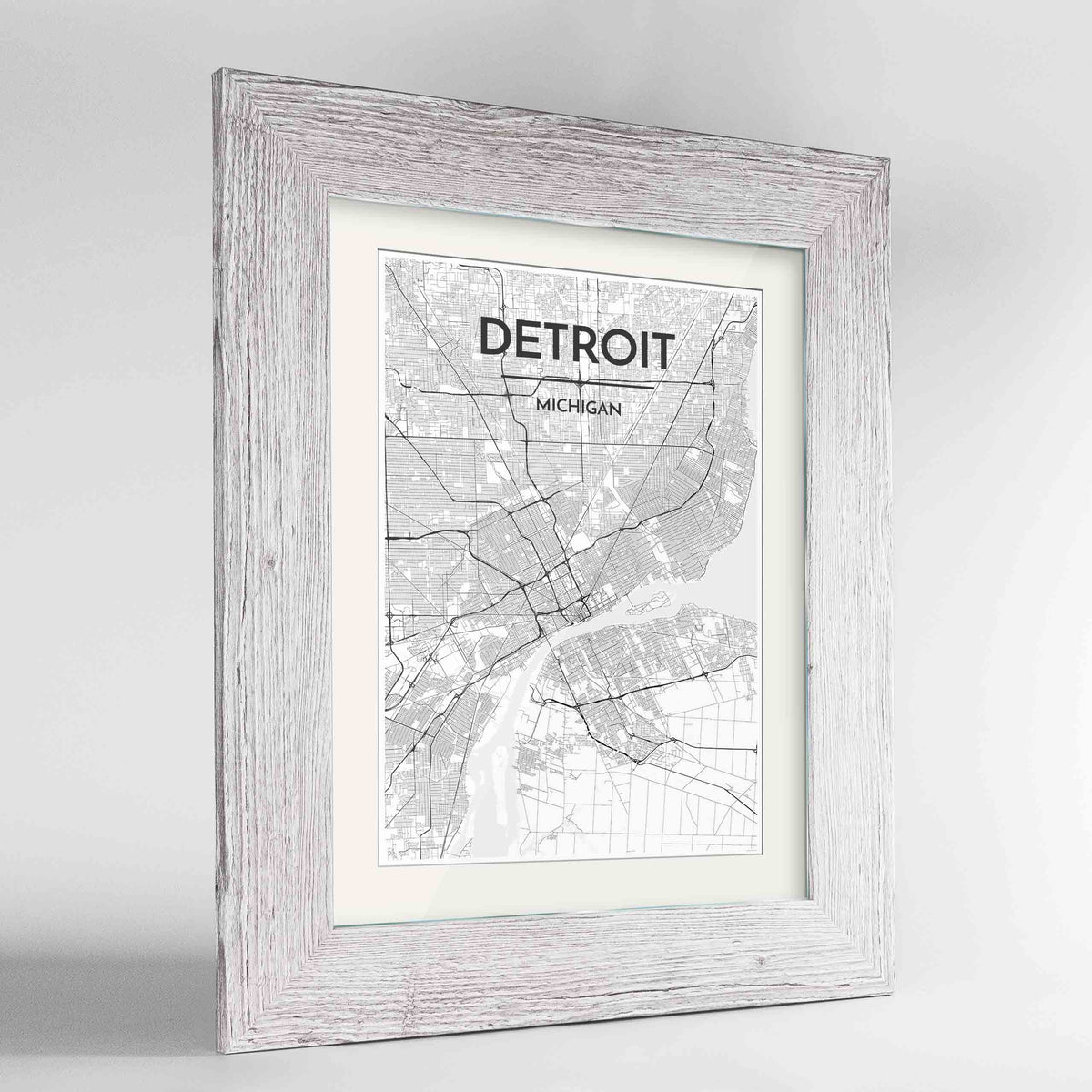 Framed Detroit Map Art Print 24x36&quot; Western White frame Point Two Design Group