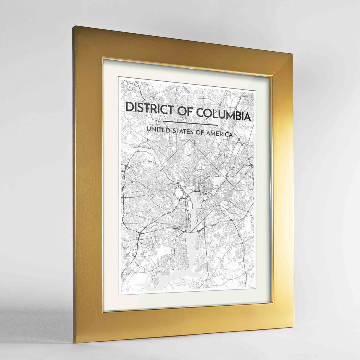 Framed District of Columbia Map Art Print 24x36&quot; Gold frame Point Two Design Group