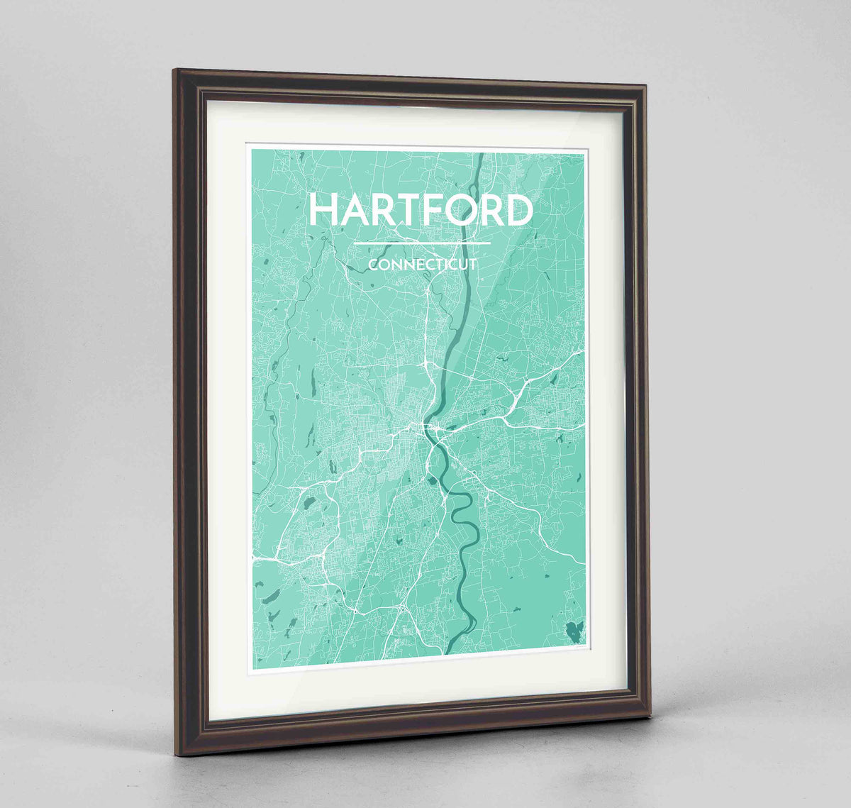 Framed Hartford Map Art Print 24x36&quot; Traditional Walnut frame Point Two Design Group
