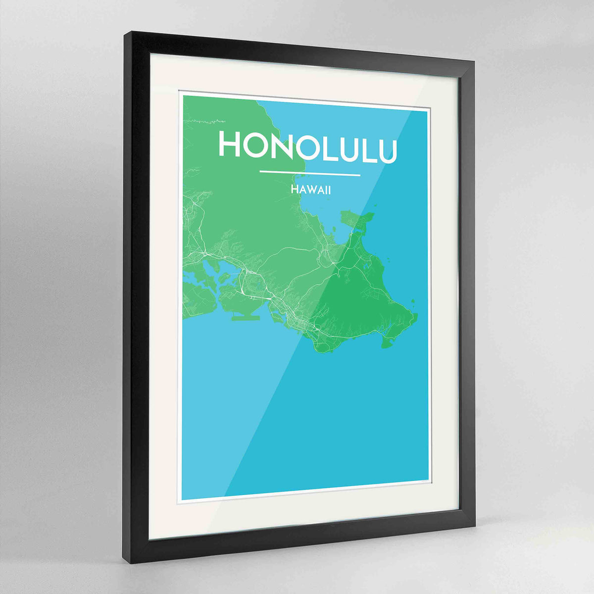Framed Honolulu Map Art Print 24x36&quot; Contemporary Black frame Point Two Design Group