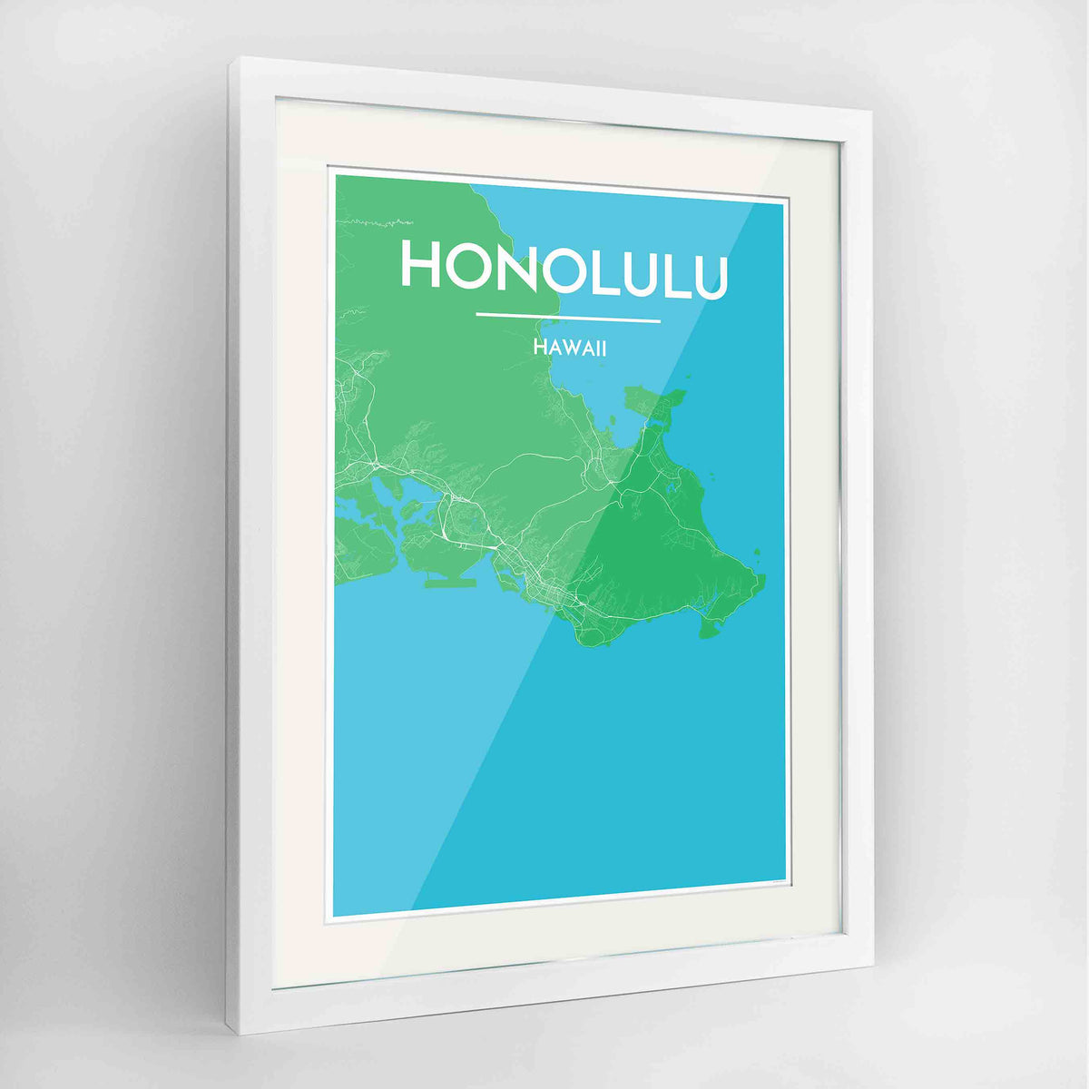 Framed Honolulu Map Art Print 24x36&quot; Contemporary White frame Point Two Design Group