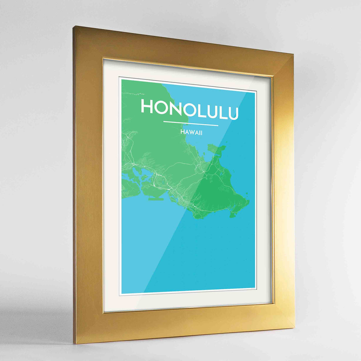 Framed Honolulu Map Art Print 24x36&quot; Gold frame Point Two Design Group