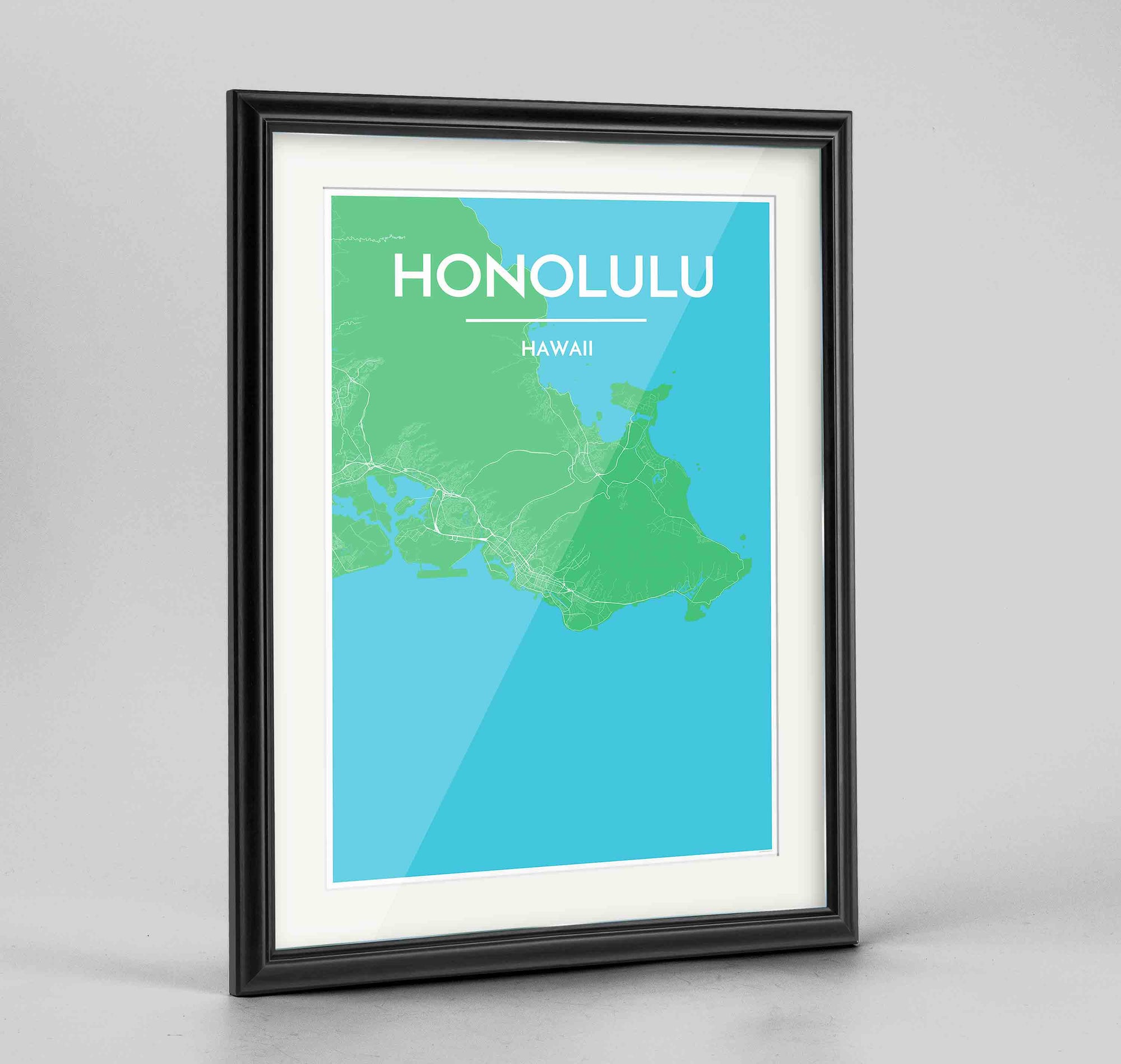 Framed Honolulu Map Art Print 24x36" Traditional Black frame Point Two Design Group