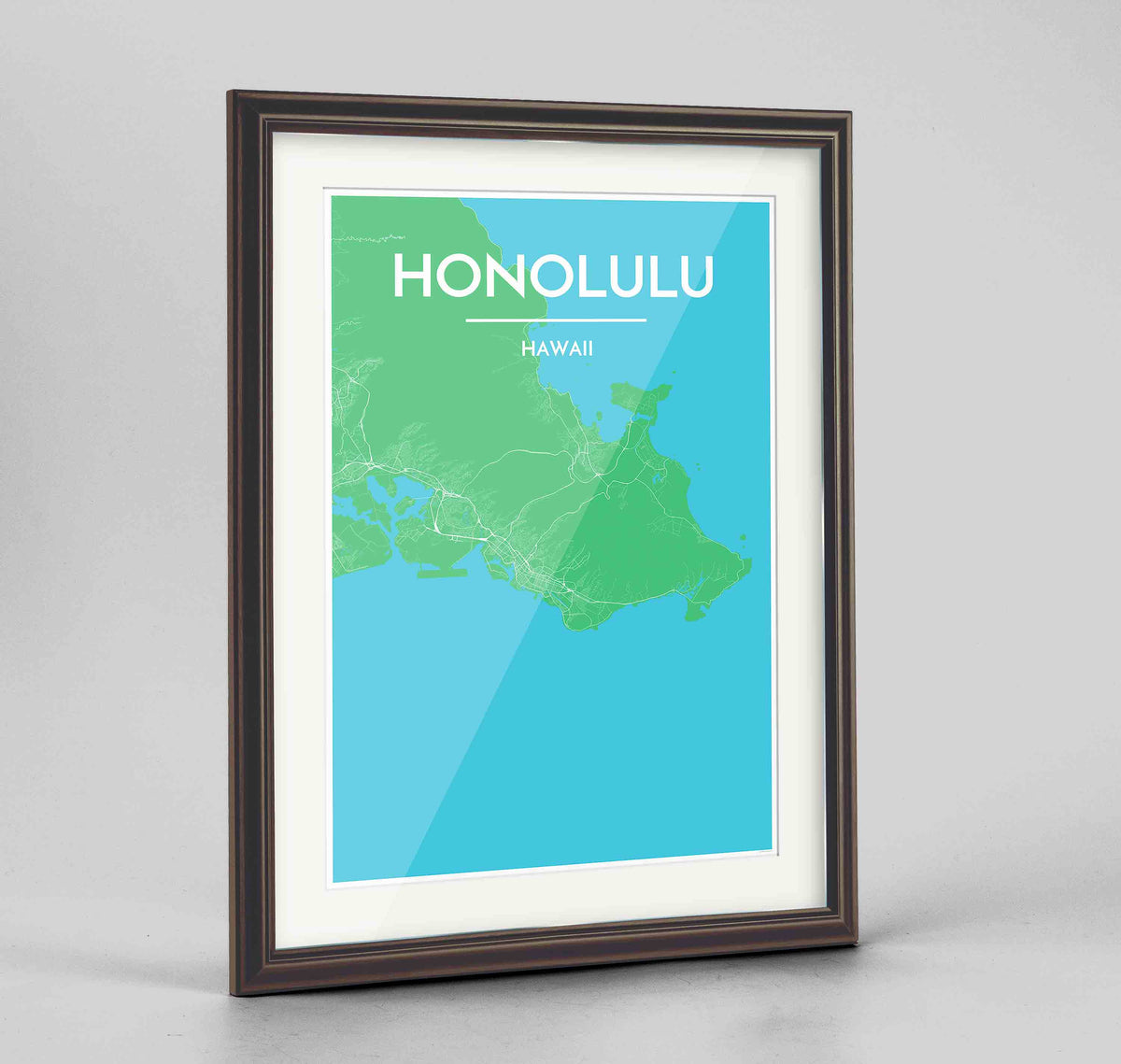Framed Honolulu Map Art Print 24x36&quot; Traditional Walnut frame Point Two Design Group