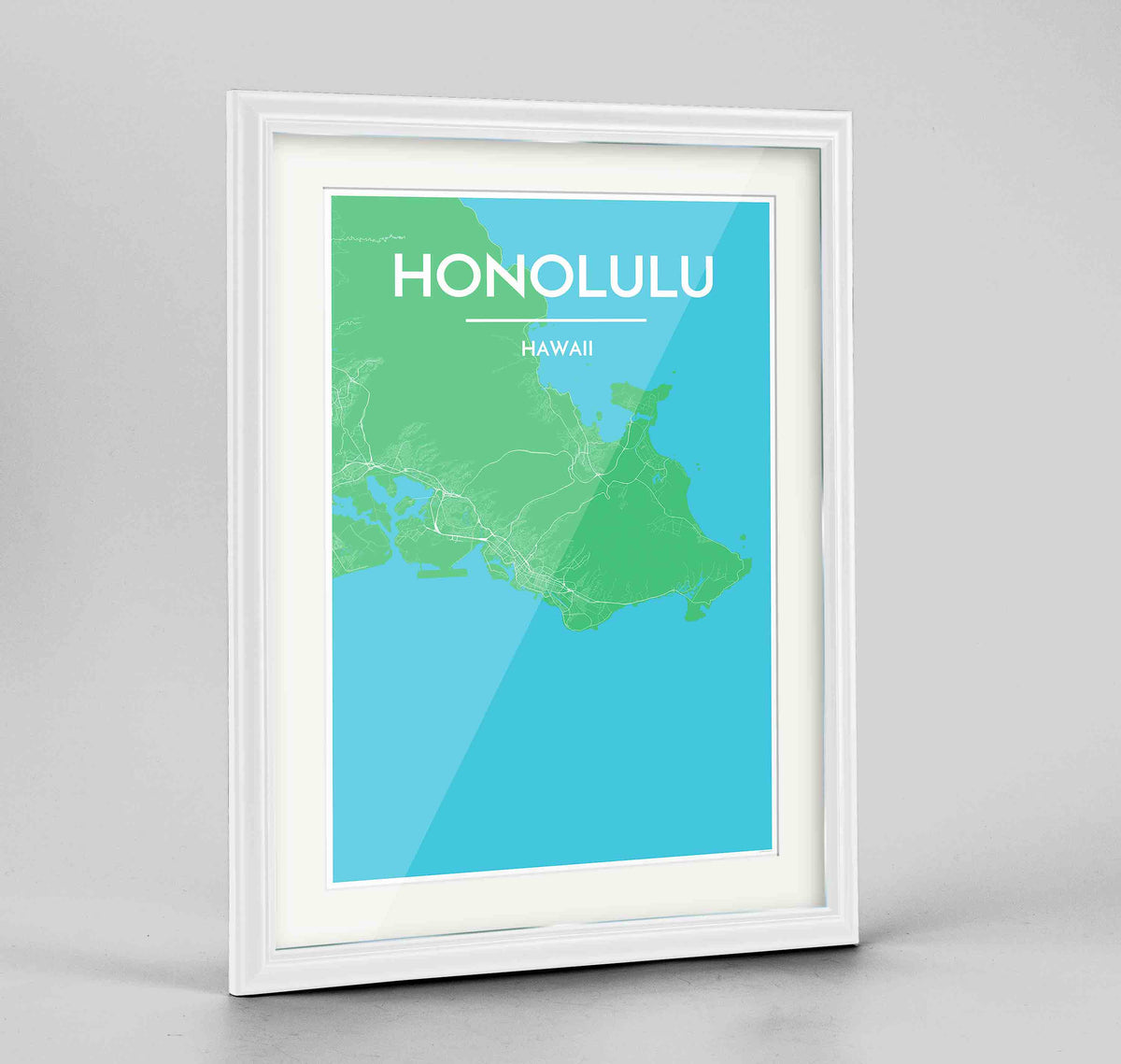 Framed Honolulu Map Art Print 24x36&quot; Traditional White frame Point Two Design Group