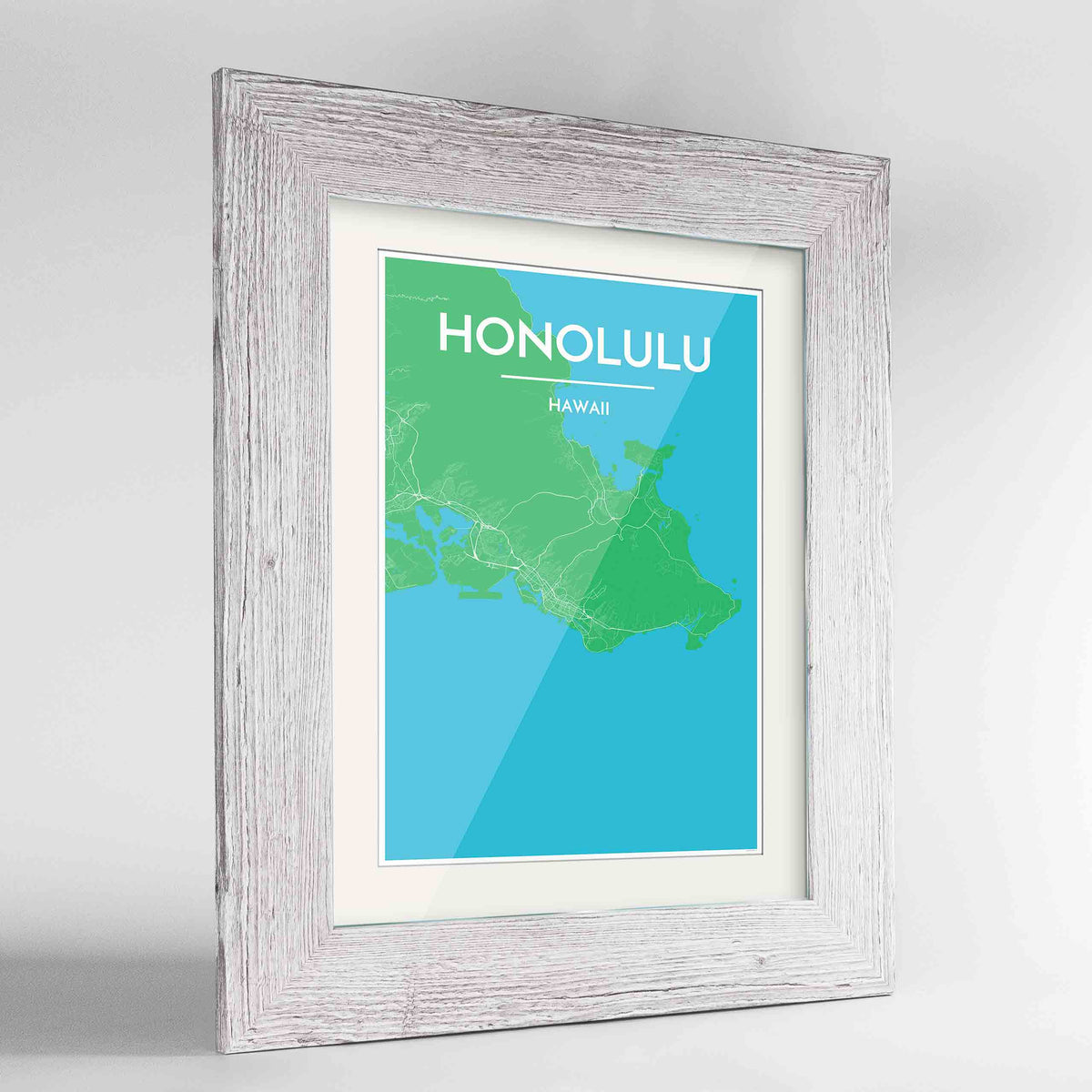 Framed Honolulu Map Art Print 24x36&quot; Western White frame Point Two Design Group