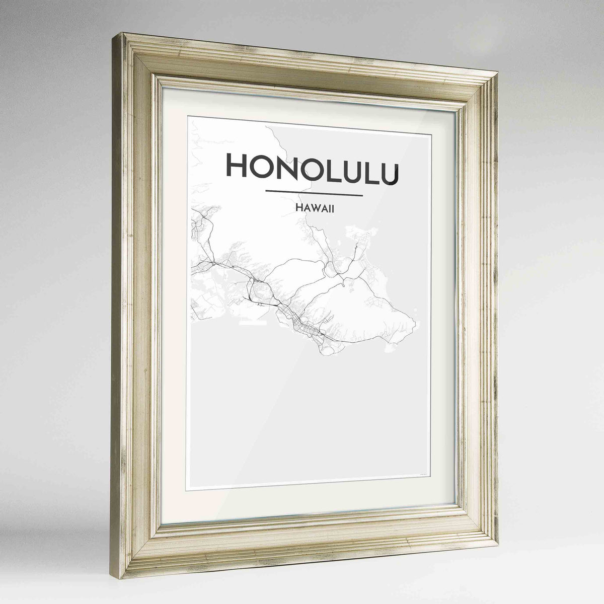 Framed Honolulu Map Art Print 24x36&quot; Champagne frame Point Two Design Group