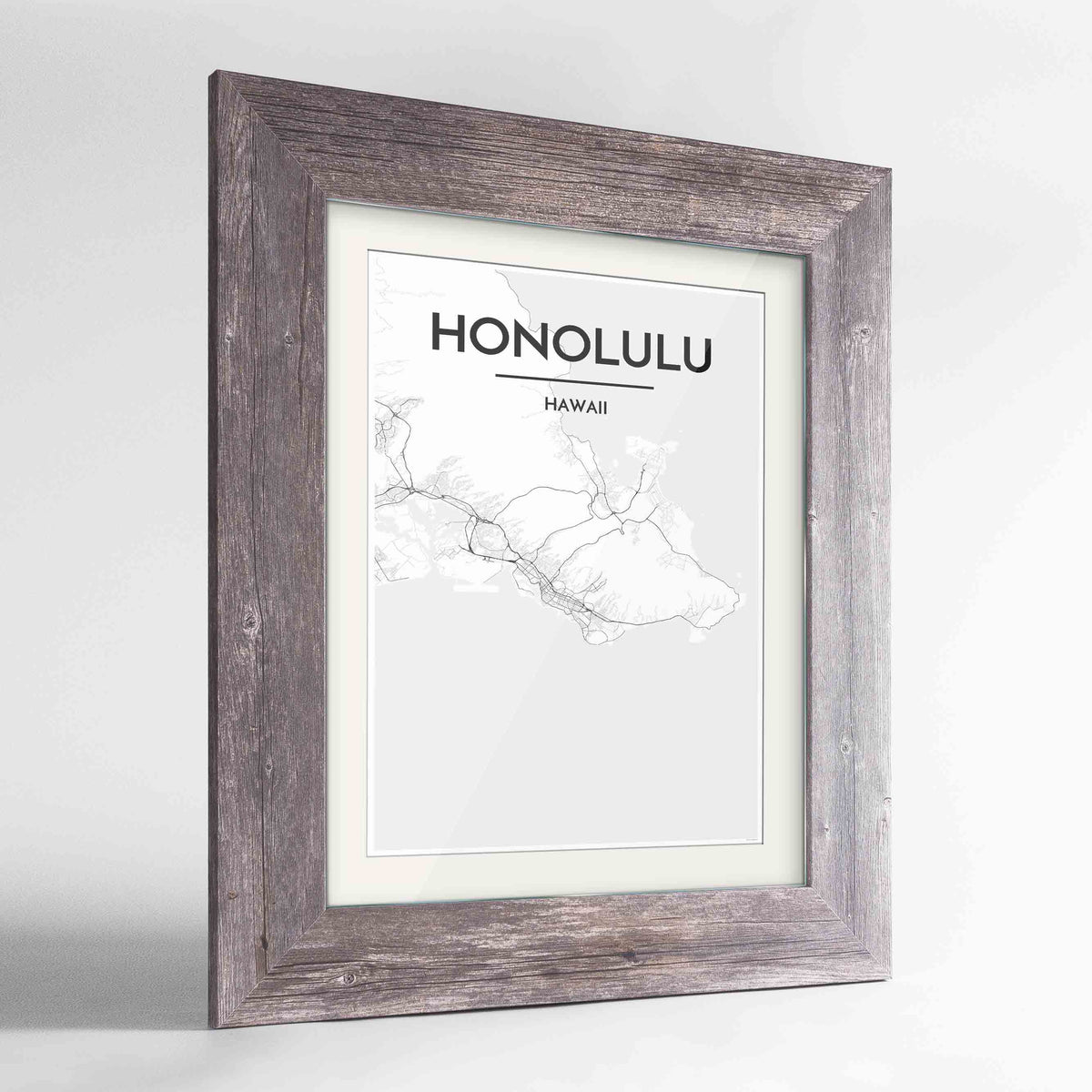 Framed Honolulu Map Art Print 24x36&quot; Western Grey frame Point Two Design Group