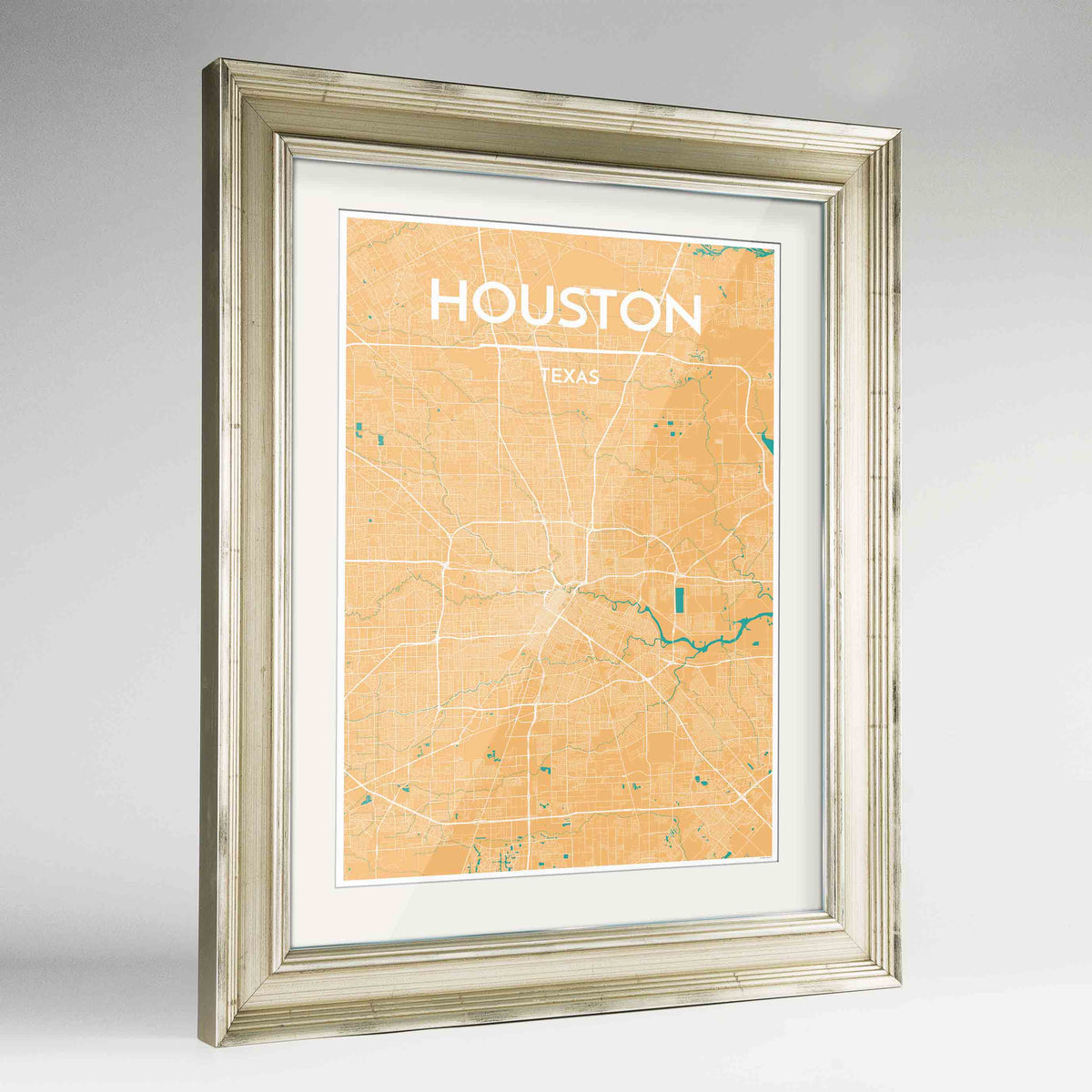 Framed Houston Map Art Print 24x36&quot; Champagne frame Point Two Design Group