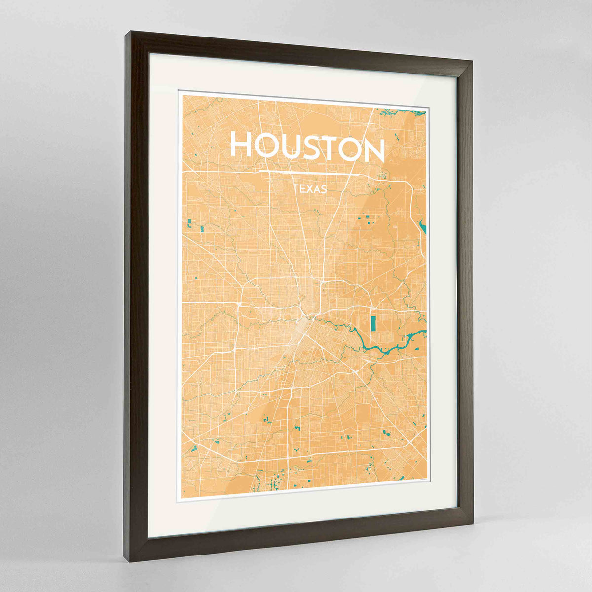 Framed Houston Map Art Print 24x36&quot; Contemporary Walnut frame Point Two Design Group