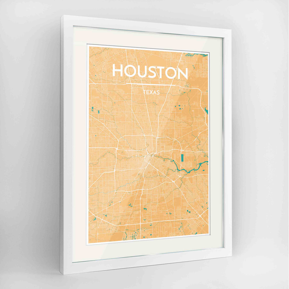 Framed Houston Map Art Print 24x36&quot; Contemporary White frame Point Two Design Group