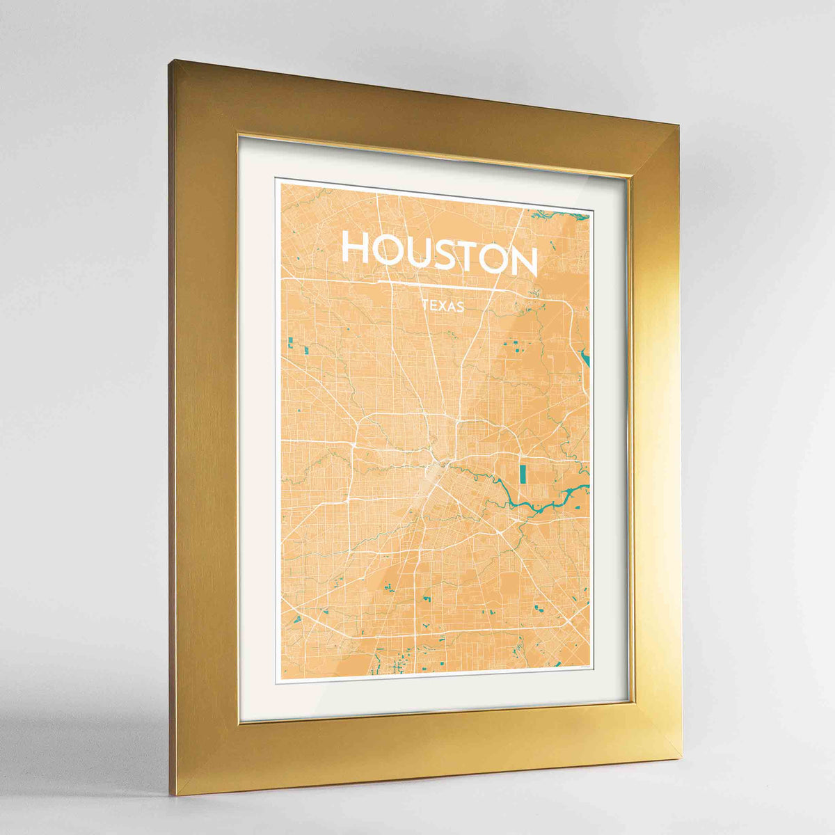 Framed Houston Map Art Print 24x36&quot; Gold frame Point Two Design Group