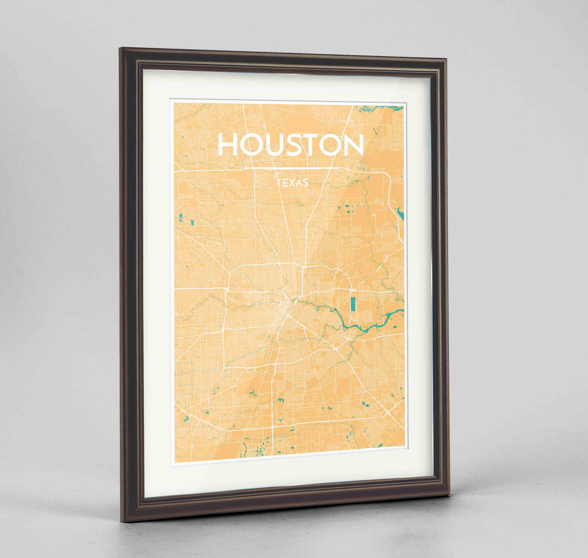 Framed Houston Map Art Print 24x36&quot; Traditional Walnut frame Point Two Design Group