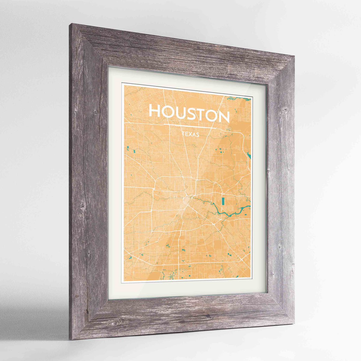 Framed Houston Map Art Print 24x36&quot; Western Grey frame Point Two Design Group