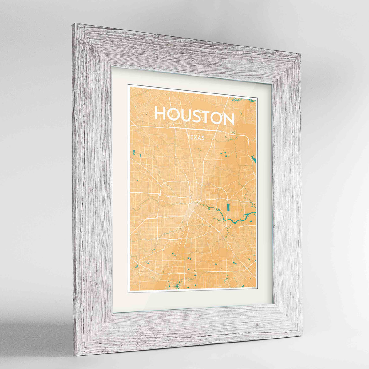 Framed Houston Map Art Print 24x36&quot; Western White frame Point Two Design Group