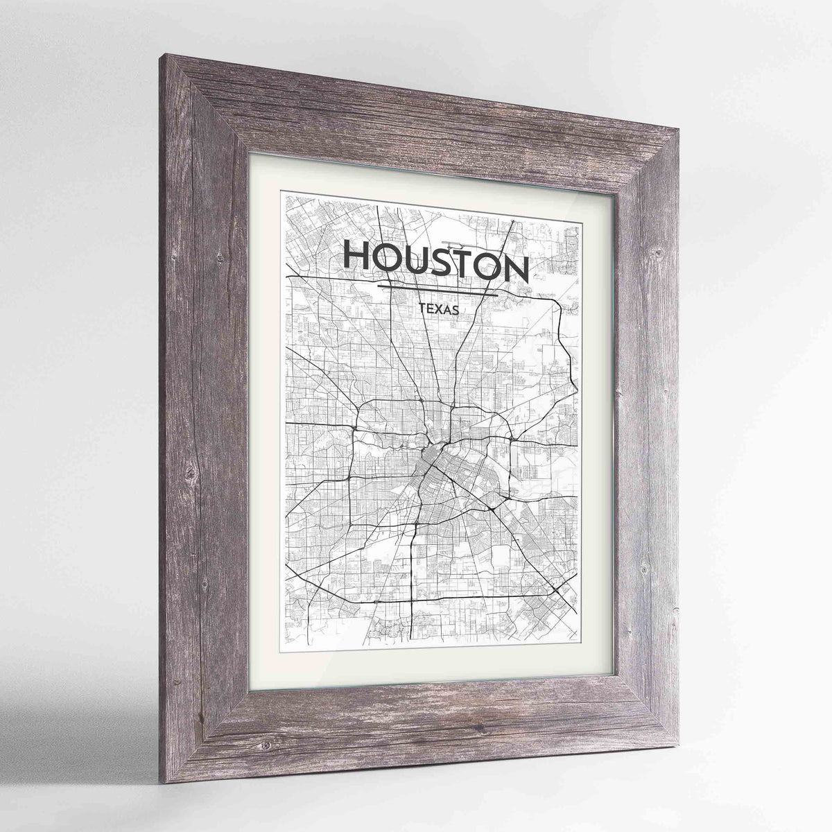 Framed Houston Map Art Print 24x36&quot; Western Grey frame Point Two Design Group