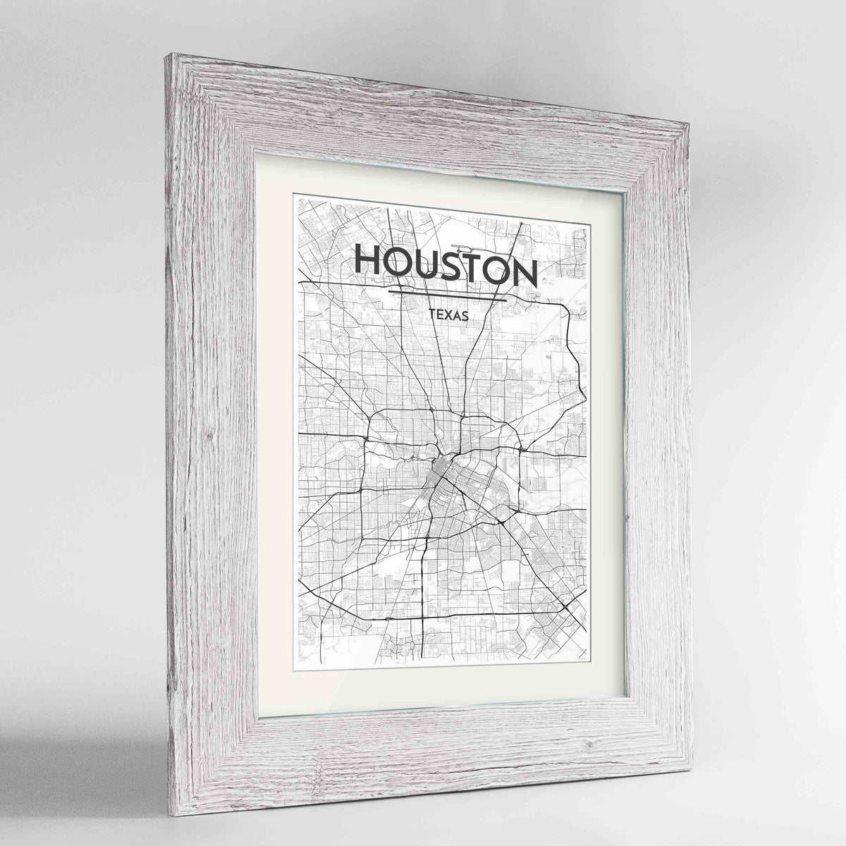 Framed Houston Map Art Print 24x36&quot; Western White frame Point Two Design Group