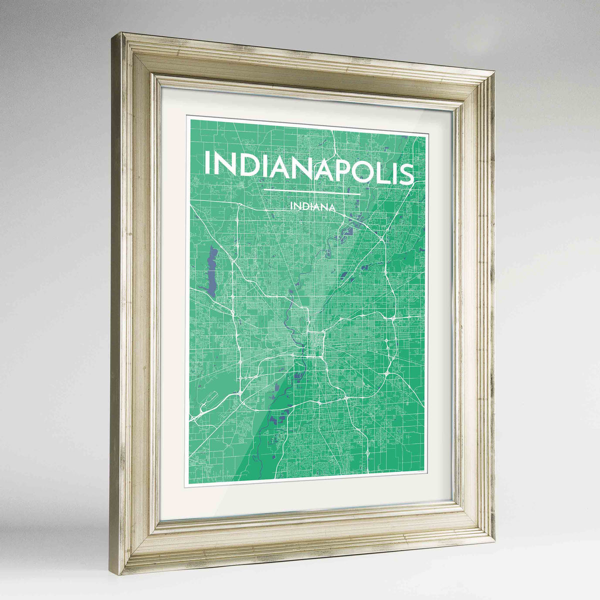 Framed Indianapolis Map Art Print 24x36&quot; Champagne frame Point Two Design Group