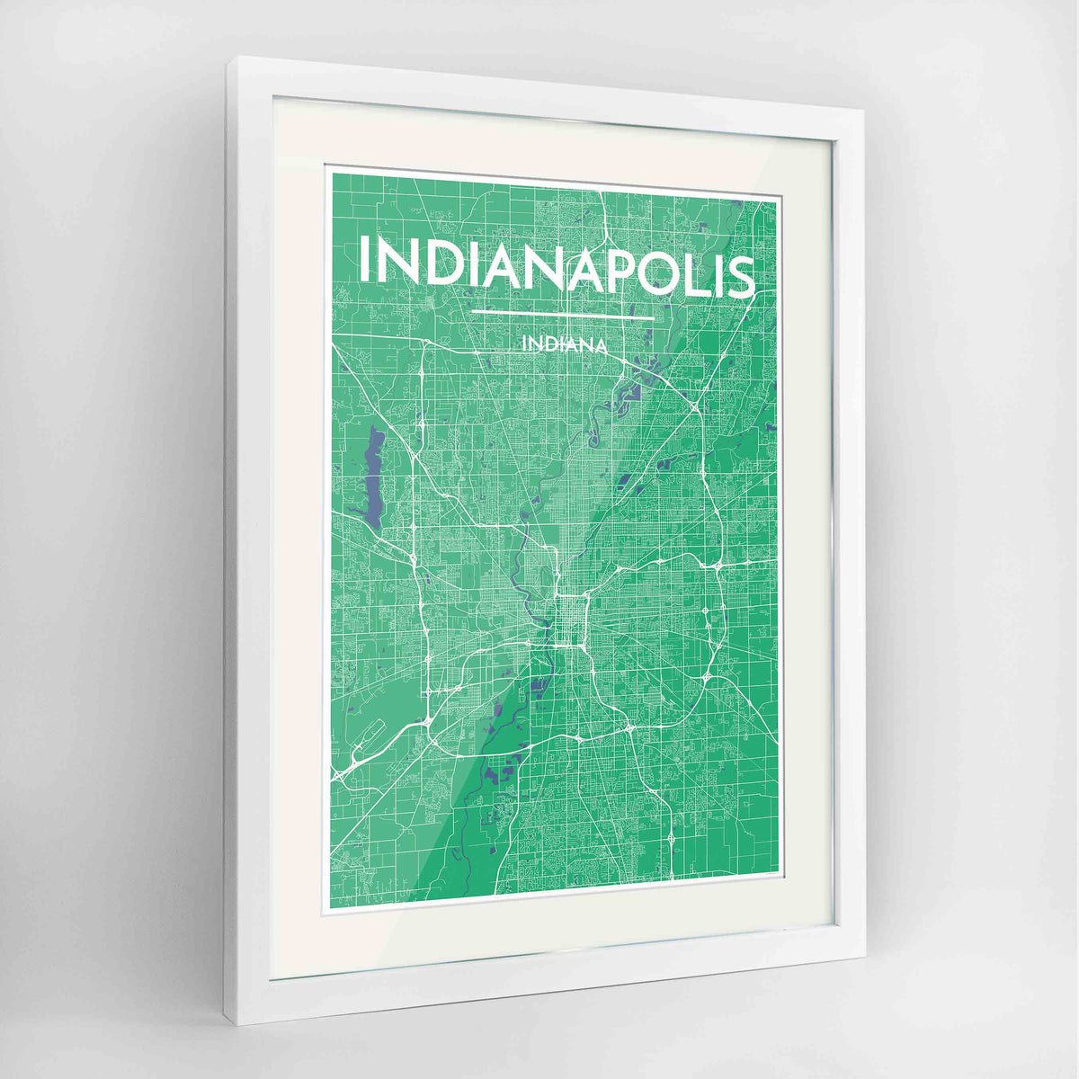 Framed Indianapolis Map Art Print 24x36&quot; Contemporary White frame Point Two Design Group