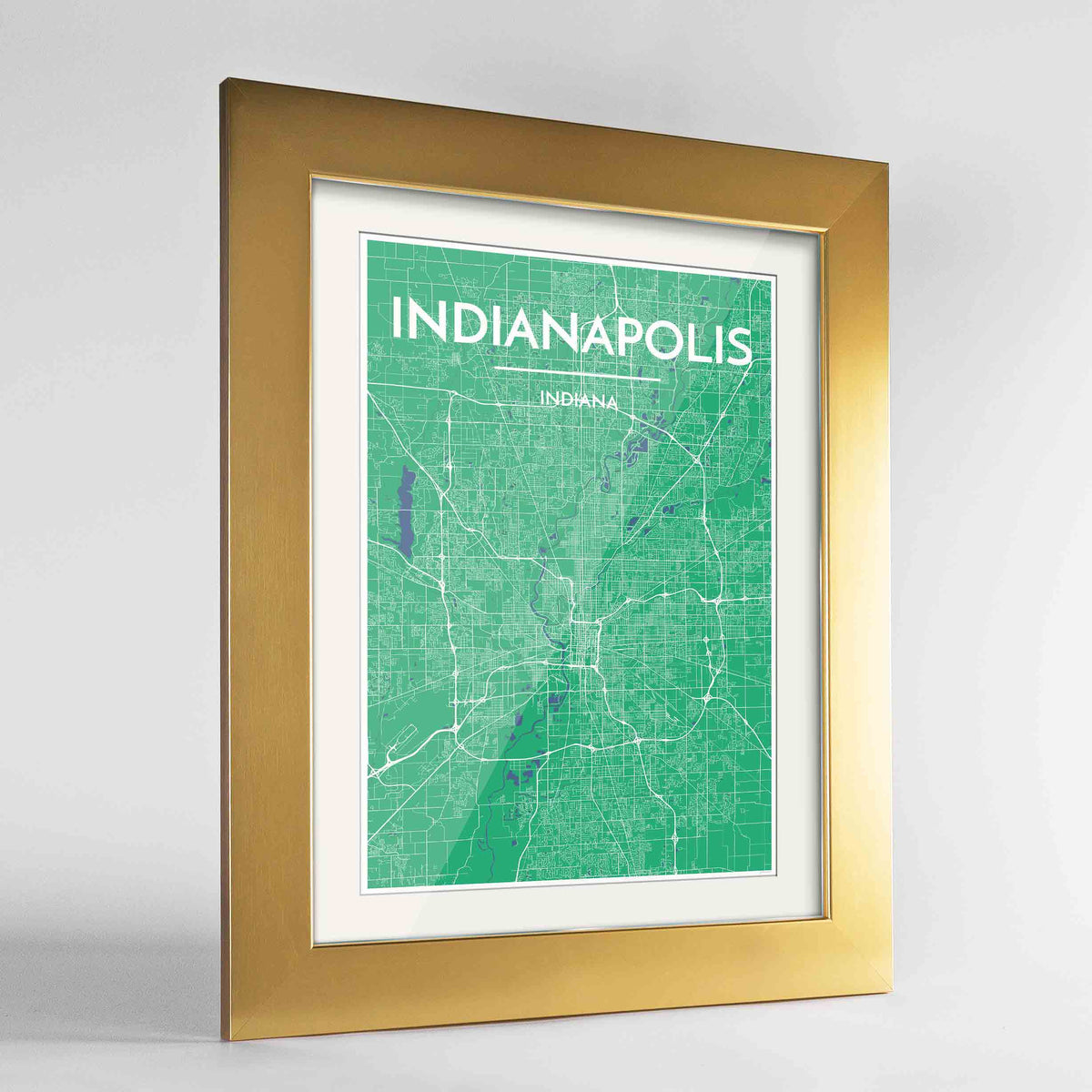 Framed Indianapolis Map Art Print 24x36&quot; Gold frame Point Two Design Group