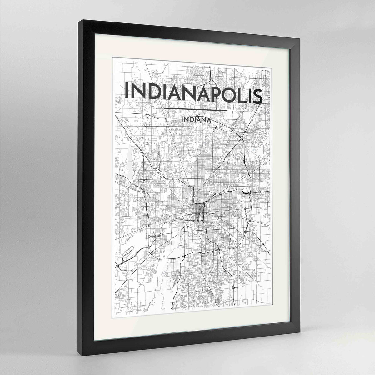 Framed Indianapolis Map Art Print 24x36&quot; Contemporary Black frame Point Two Design Group