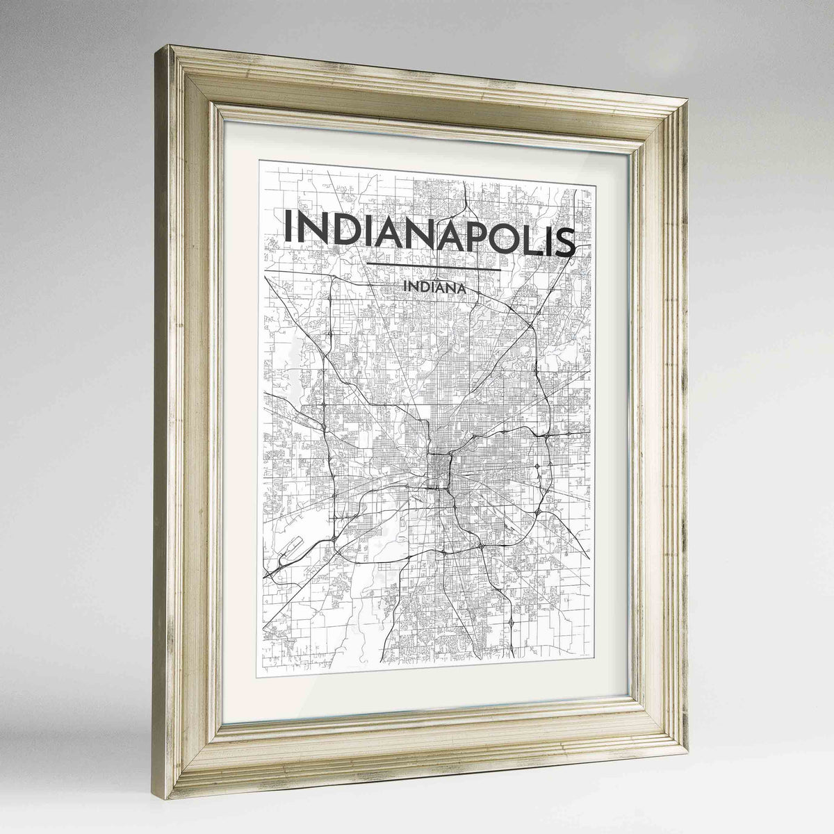 Framed Indianapolis Map Art Print 24x36&quot; Champagne frame Point Two Design Group