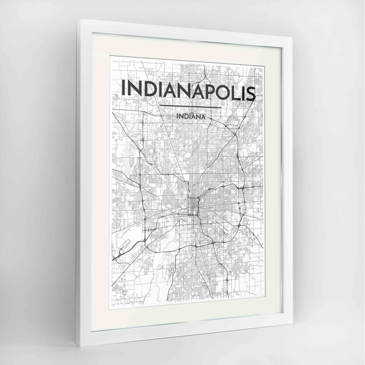 Framed Indianapolis Map Art Print 24x36&quot; Contemporary White frame Point Two Design Group