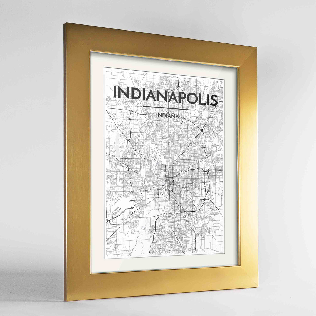 Framed Indianapolis Map Art Print 24x36&quot; Gold frame Point Two Design Group