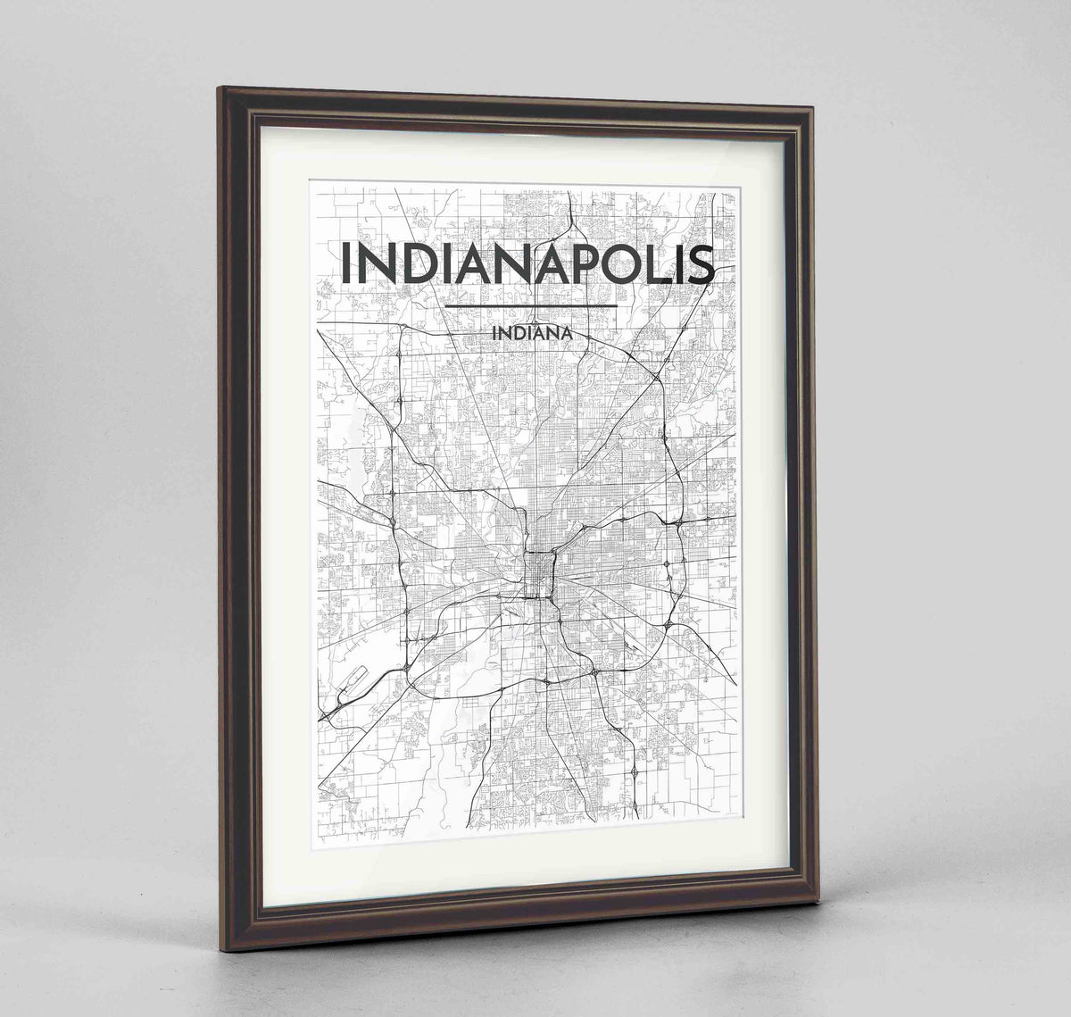 Framed Indianapolis Map Art Print 24x36&quot; Traditional Walnut frame Point Two Design Group