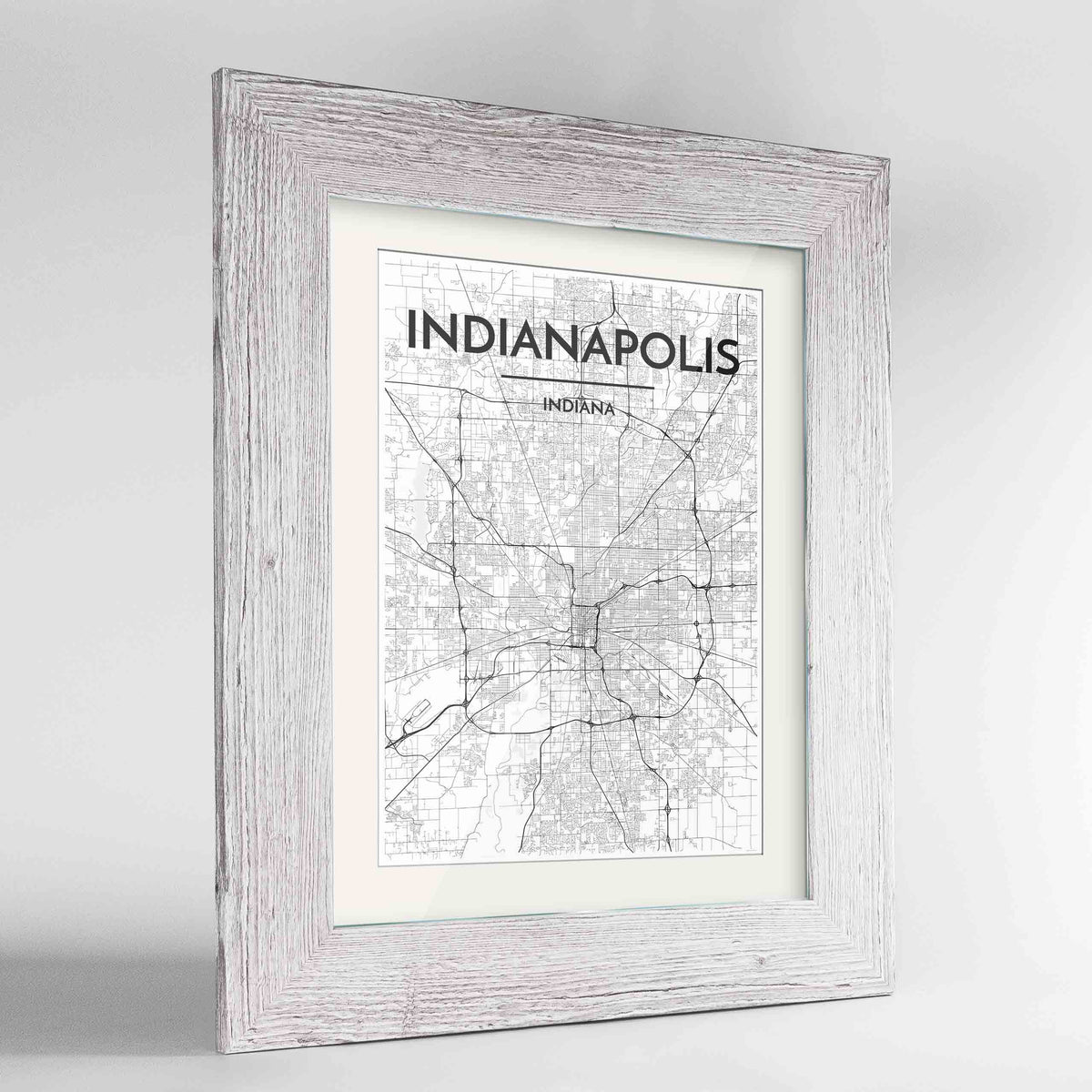 Framed Indianapolis Map Art Print 24x36&quot; Western White frame Point Two Design Group