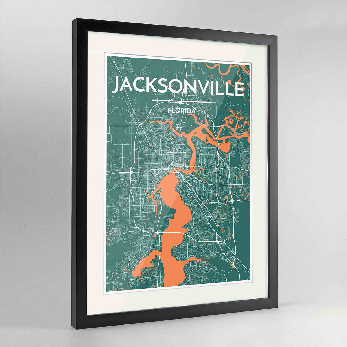 Framed Jacksonville Map Art Print 24x36&quot; Contemporary Black frame Point Two Design Group