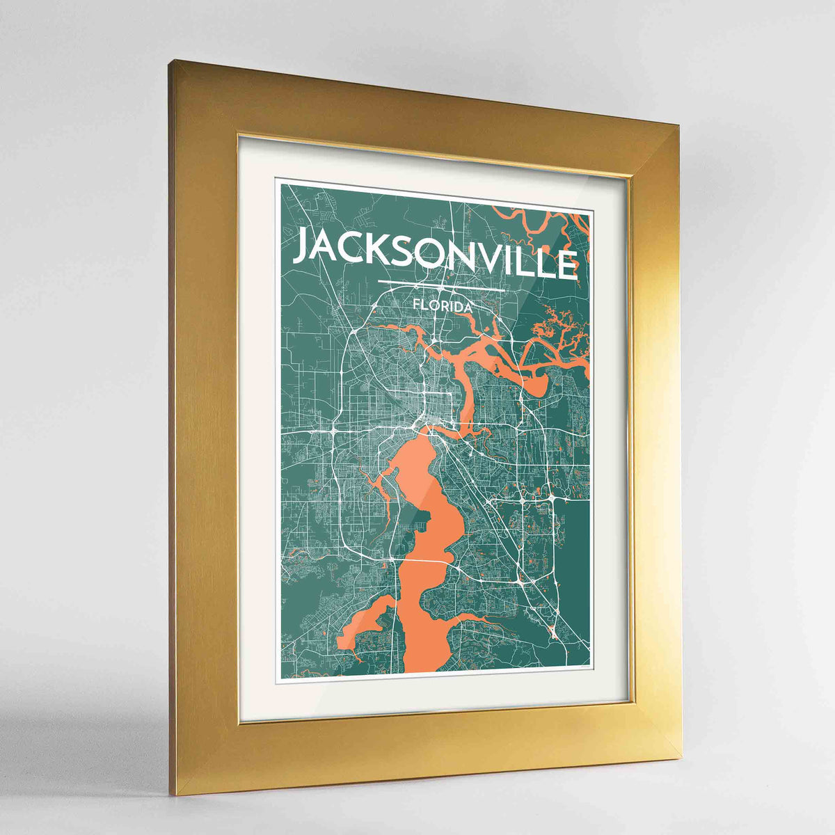 Framed Jacksonville Map Art Print 24x36&quot; Gold frame Point Two Design Group