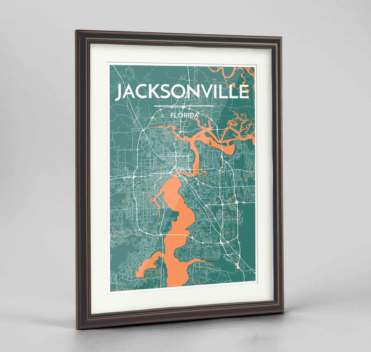 Framed Jacksonville Map Art Print 24x36&quot; Traditional Walnut frame Point Two Design Group
