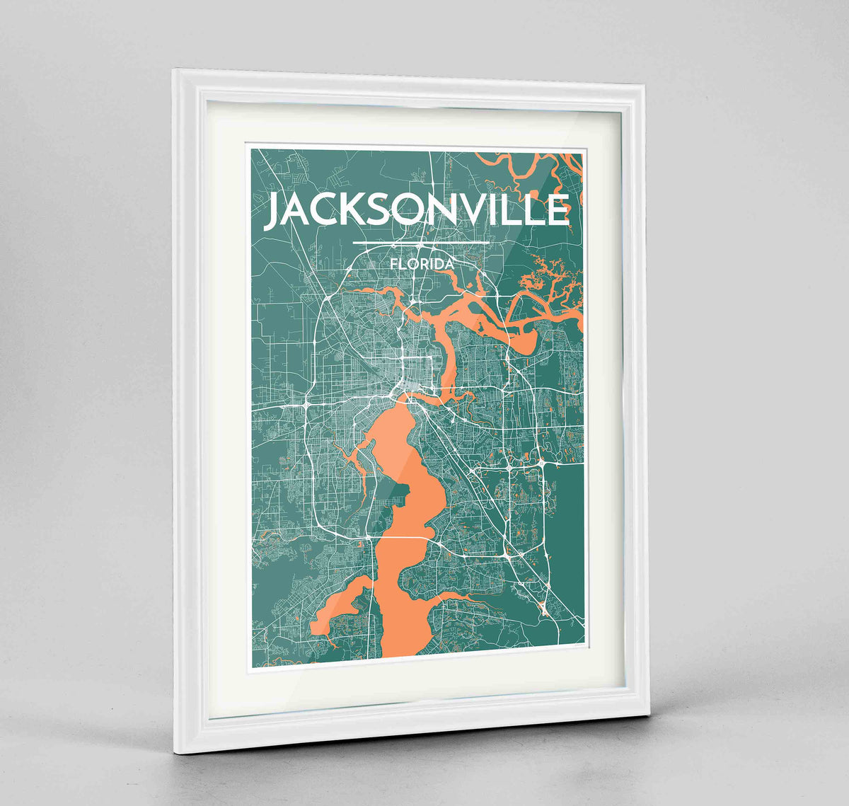Framed Jacksonville Map Art Print 24x36&quot; Traditional White frame Point Two Design Group