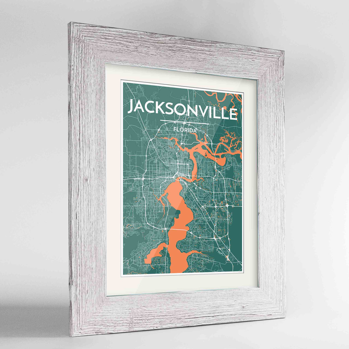 Framed Jacksonville Map Art Print 24x36&quot; Western White frame Point Two Design Group