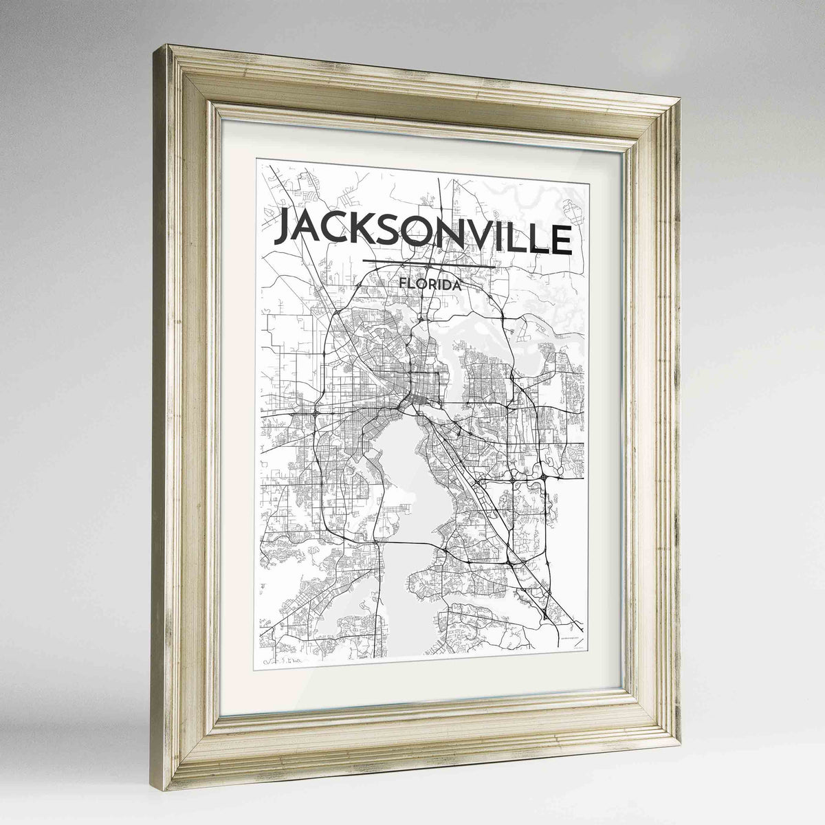 Framed Jacksonville Map Art Print 24x36&quot; Champagne frame Point Two Design Group