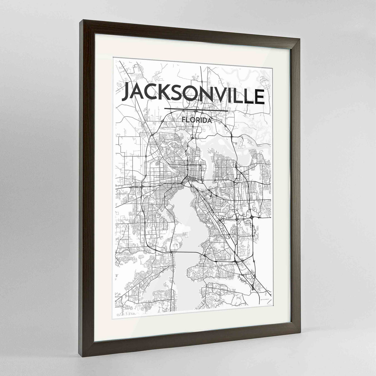 Framed Jacksonville Map Art Print 24x36&quot; Contemporary Walnut frame Point Two Design Group