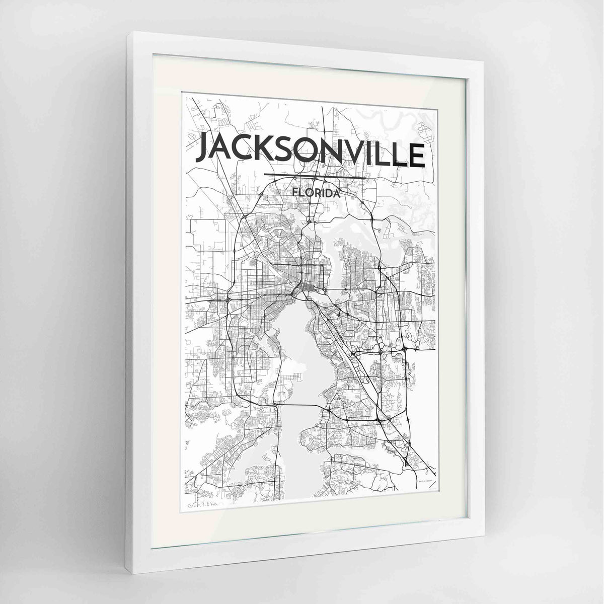 Framed Jacksonville Map Art Print 24x36&quot; Contemporary White frame Point Two Design Group