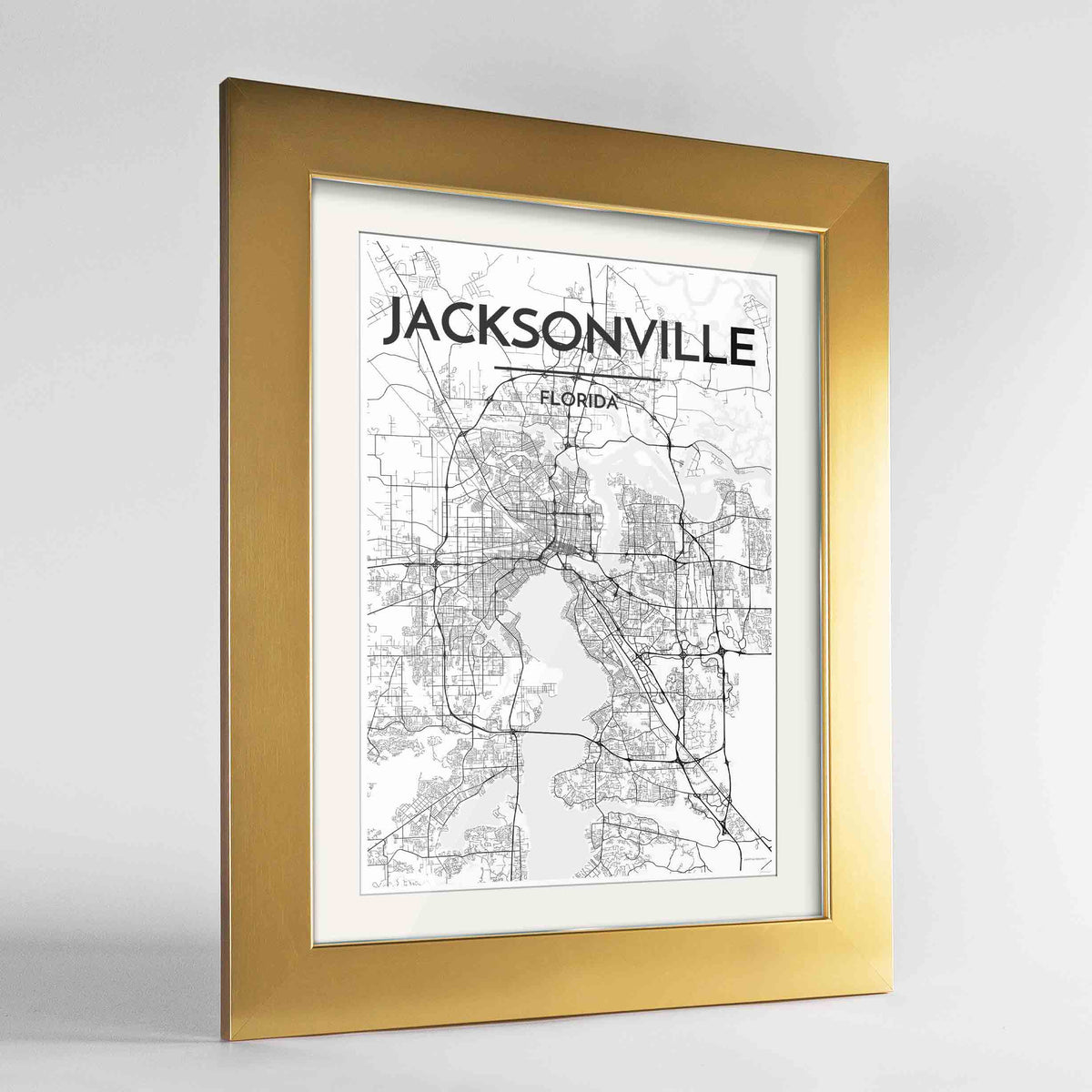 Framed Jacksonville Map Art Print 24x36&quot; Gold frame Point Two Design Group
