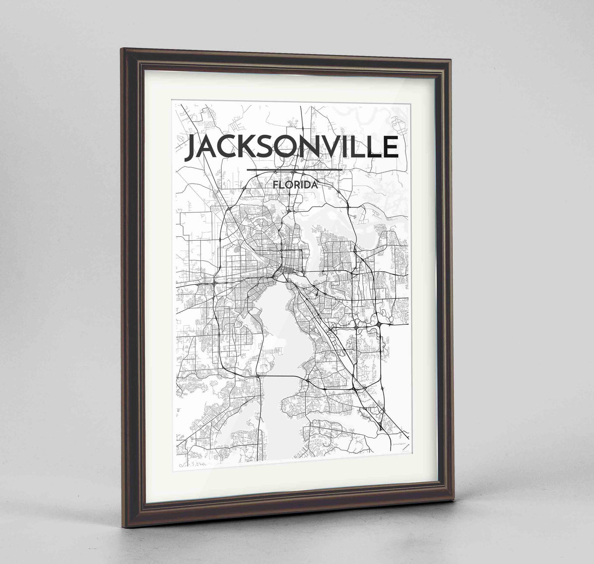 Framed Jacksonville Map Art Print 24x36&quot; Traditional Walnut frame Point Two Design Group