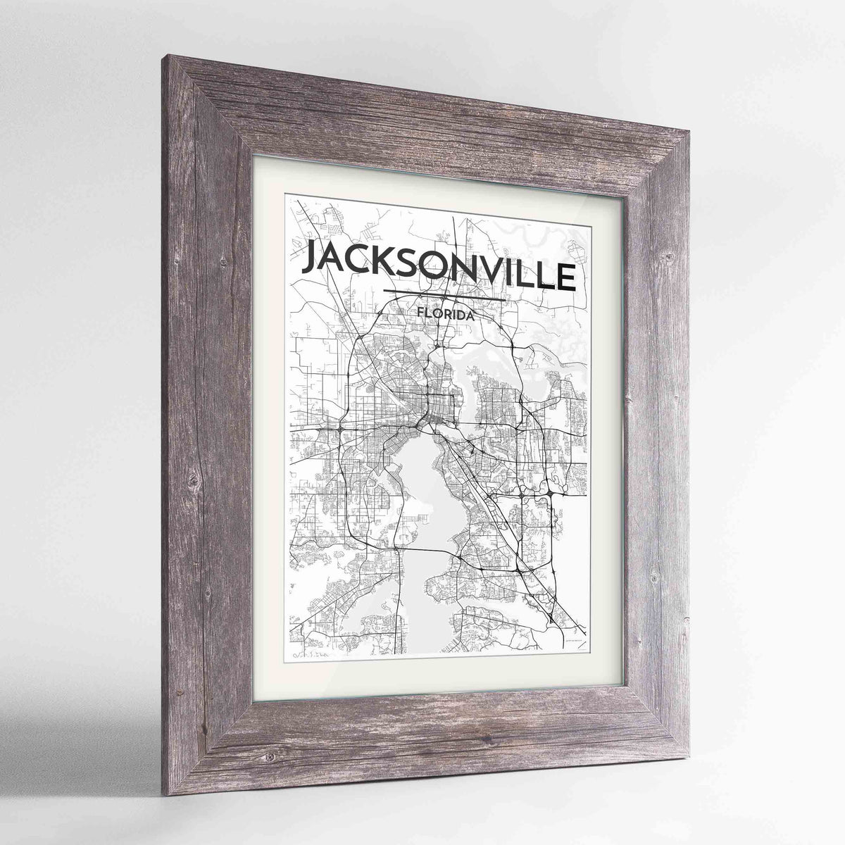 Framed Jacksonville Map Art Print 24x36&quot; Western Grey frame Point Two Design Group