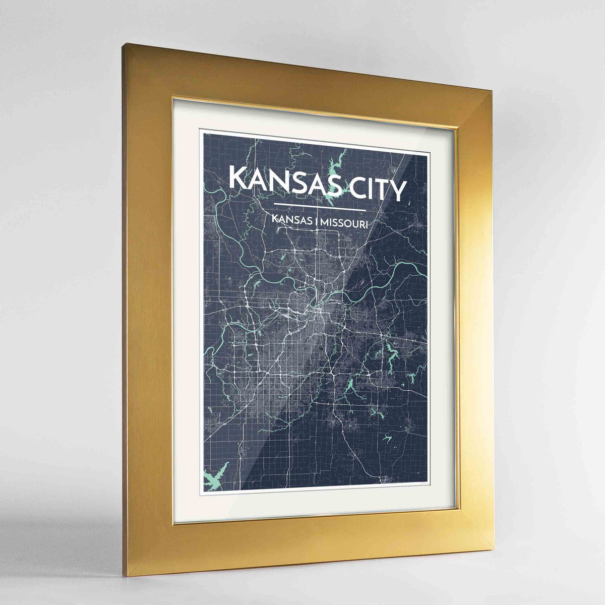Framed Kansas Map Art Print 24x36&quot; Gold frame Point Two Design Group