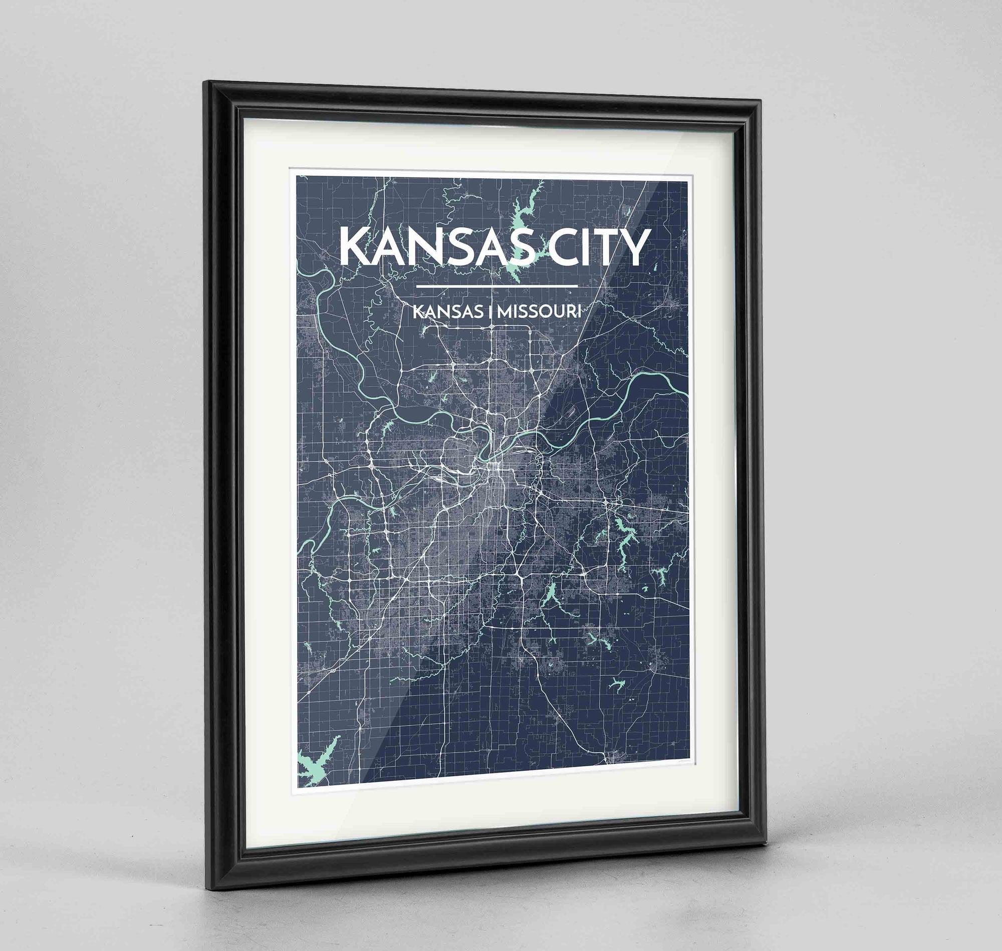 Framed Kansas Map Art Print 24x36" Traditional Black frame Point Two Design Group
